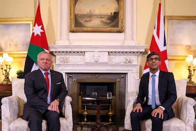 British Prime Minister Rishi Sunak and King Abdullah II of Jordan met in Downing Street in February this year. EPA