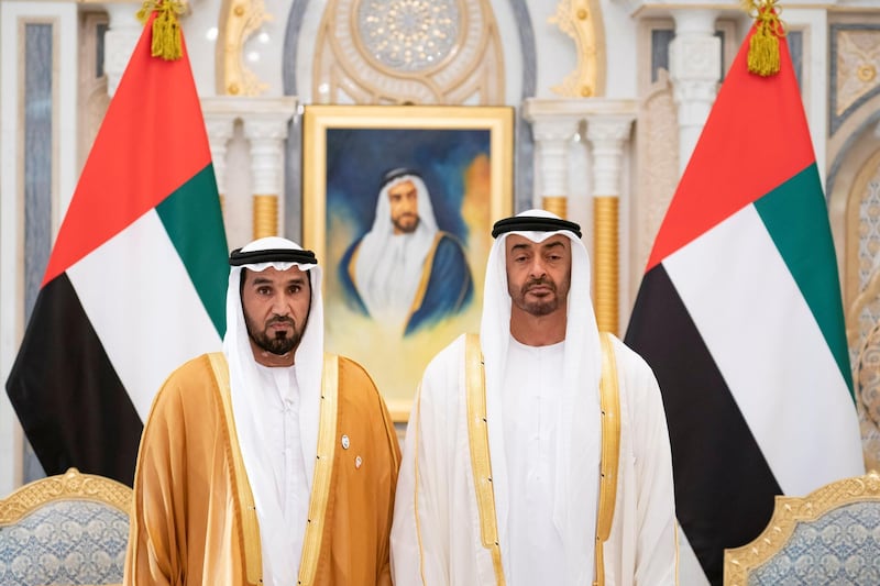 ABU DHABI, UNITED ARAB EMIRATES - March 10, 2019: HH Sheikh Mohamed bin Zayed Al Nahyan, Crown Prince of Abu Dhabi and Deputy Supreme Commander of the UAE Armed Forces (R), stands for a photograph with HE Major General Faris Khalaf Al Mazrouei, Commander-in-Chief of Abu Dhabi Police and Abu Dhabi Executive Council Member (L), during the swearing-in ceremony for new members of the Abu Dhabi Executive Council, at the Presidential Palace.

( Ryan Carter for the Ministry of Presidential Affairs)
---