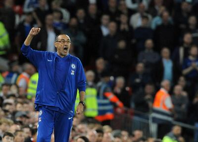 Chelsea manager Maurizio Sarri gives instructions to his players during the English League Cup soccer match between Liverpool and Chelsea at Anfield stadium in Liverpool, England, Wednesday, Sept. 26, 2018. (AP Photo/Rui Vieira)