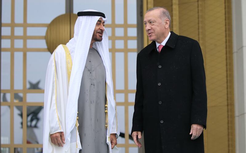 Sheikh Mohamed bin Zayed, Crown Prince of Abu Dhabi and Deputy Supreme Commander of the Armed Forces, with Turkish President Recep Tayyip Erdogan in Ankara last week. EPA