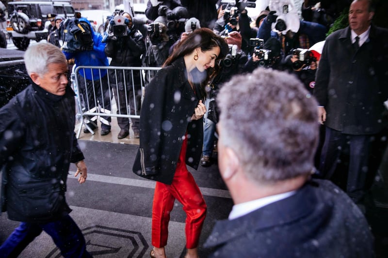 Amal Clooney arrives for the baby shower for Meghan, Duchess of Sussex, at The Mark Hotel on February 20, 2019, in New York. AP