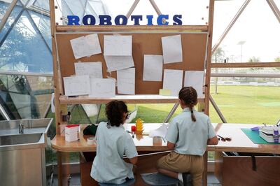 DUBAI, UNITED ARAB EMIRATES , Nov 10  – 2019 :- Students working on their project inside the bio dome at the Arbor School in Al Furjan  in Dubai. ( Pawan Singh / The National )  For Weekend. Story by Katy Gillett