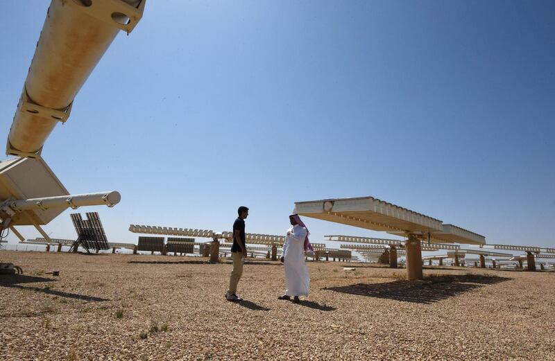 A general view shows the solar plant in Uyayna, north of Riyadh, on March 29, 2018. - On March 27, Saudi announced a deal with Japan's SoftBank to build the world's biggest solar plant. (Photo by FAYEZ NURELDINE / AFP)