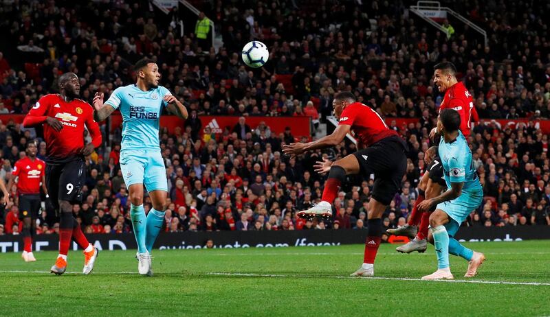 Manchester United's Alexis Sanchez heads in their winning goal. Reuters