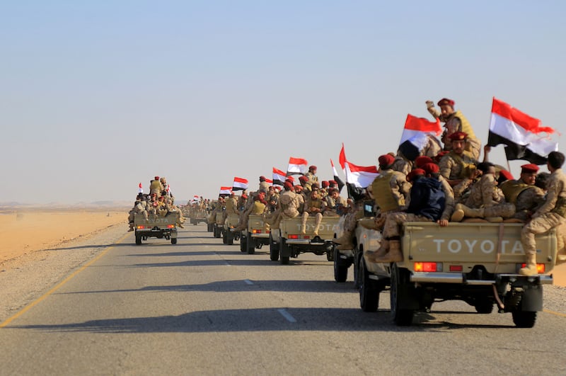 Yemeni army reinforcements arrive to join fighters loyal to Yemen's Saudi Arabia-backed government, on the southern front of Marib. AFP