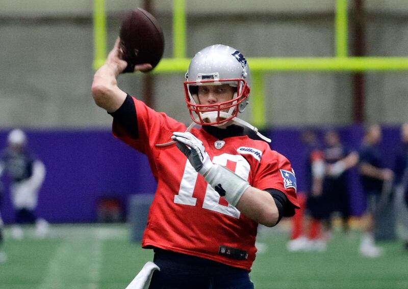 New England Patriots quarterback Tom Brady throws during a practice Friday, Feb. 2, 2018, in Minneapolis. The Patriots are scheduled to face the Philadelphia Eagles in the NFL Super Bowl 52 football game Sunday, Feb. 4. (AP Photo/Mark Humphrey)