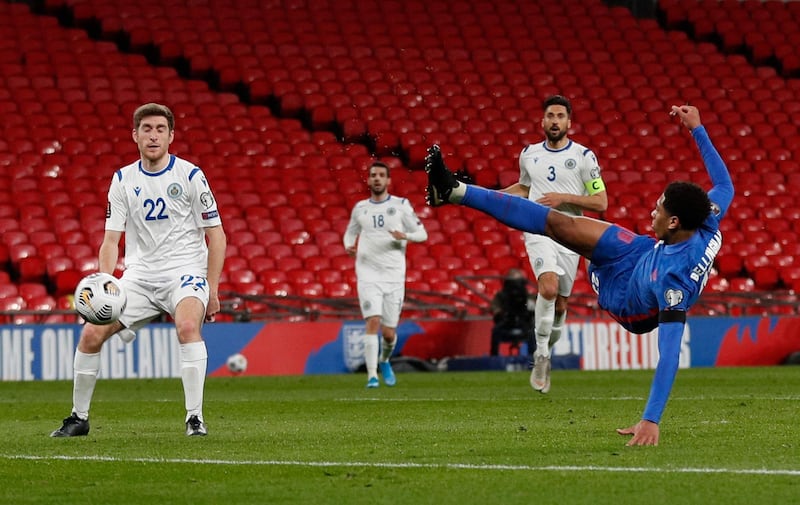 England's Jude Bellingham goes for the spectacular against San Marino. AFP