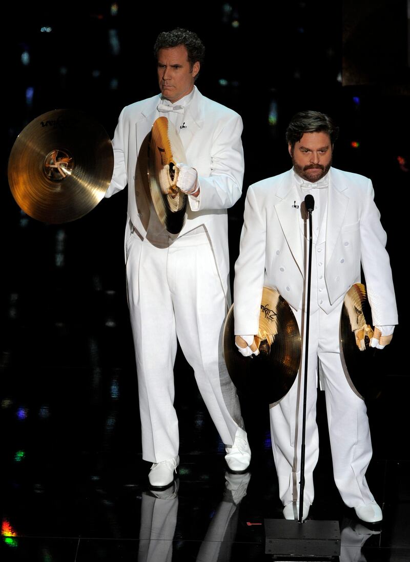 Zach Galifianakis and Will Ferrell present an award during the 84th Academy Awards on Sunday, Feb. 26, 2012, in the Hollywood section of Los Angeles. (AP Photo/Mark J. Terrill) *** Local Caption ***  APTOPIX 84th Academy Awards Show.JPEG-07f91.jpg