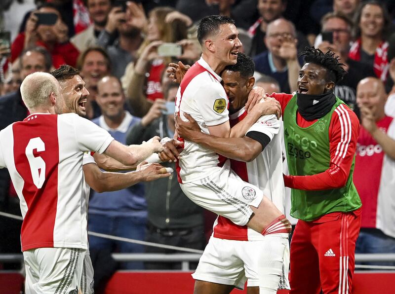 Sebastien Haller of Ajax celebrates with teammates after scoring against Heerenveen in Amsterdam. EPA