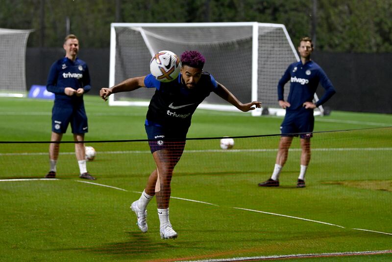 Reece James heads the ball during a Chelsea training session at The Ritz Carlton.