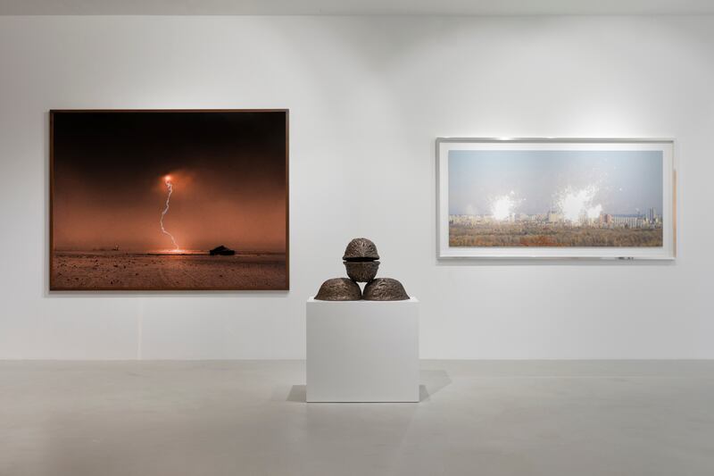 In the Heat is Galleria Continua’s second group show at Burj Al Arab. Left, 'Lightning Land' by Ahmed Mater; middle, 'Nocero Umbro' by Armando Testa; right, 'Experiments' by Zhanna Kadyrova. All Photos: Ismail Noor / Seeing Things