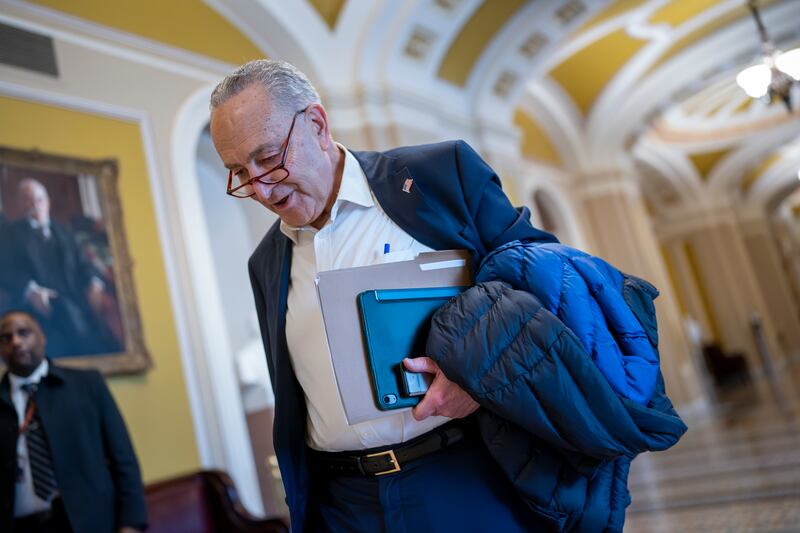 Senate Majority Leader Chuck Schumer arrives at the Capitol building before the legislative body passed a $95 billion security package. AP