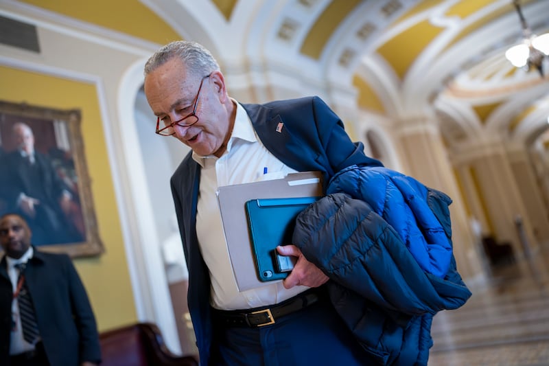 Senate Majority Leader Chuck Schumer arrives at the Capitol building before the legislative body passed a $95 billion security package. AP