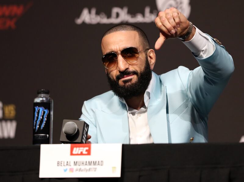 Belal Muhammad speaks at the press conference in Abu Dhabi.