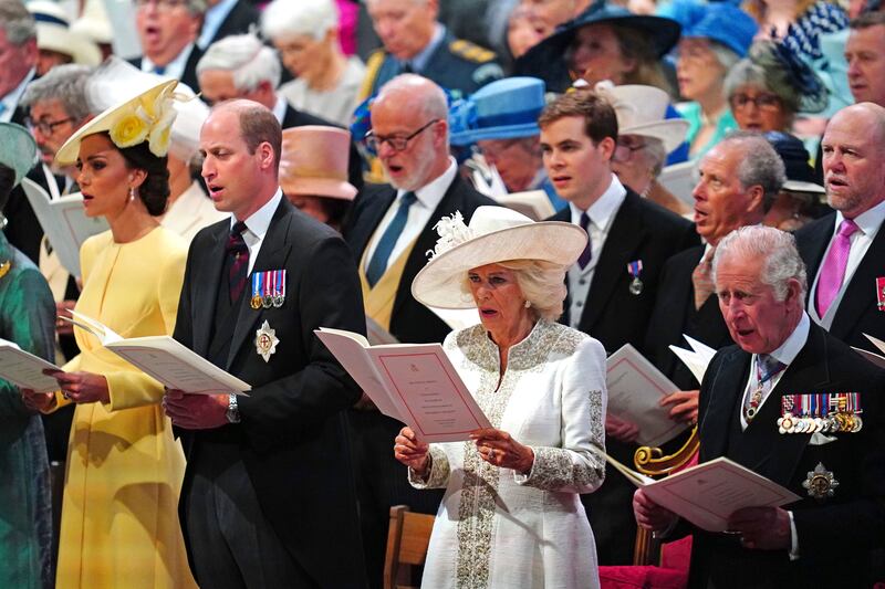 Front row from left, Kate, Duchess of Cambridge, Prince William, Camilla, Duchess of Cornwall, and Prince Charles singing at the service of thanksgiving. AP Photo
