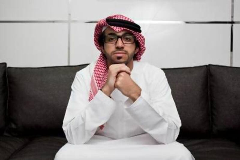 Abdulnasser Al Shaali, 24, an Emirati entrepreneur, Emirates Airline manager and graduate student, at his office Al Qasba, Sharjah. Antonie Robertson / The National)