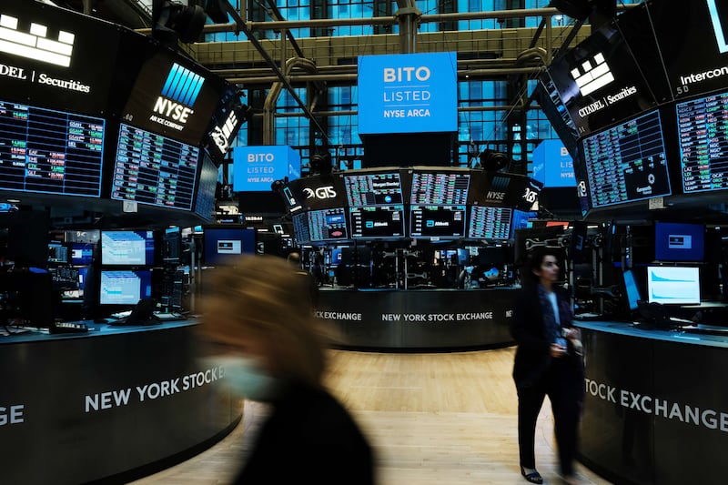 An electric banner for the newly listed ProShares Bitcoin Strategy ETF is displayed on the floor of the New York Stock Exchange on Tuesday. AFP