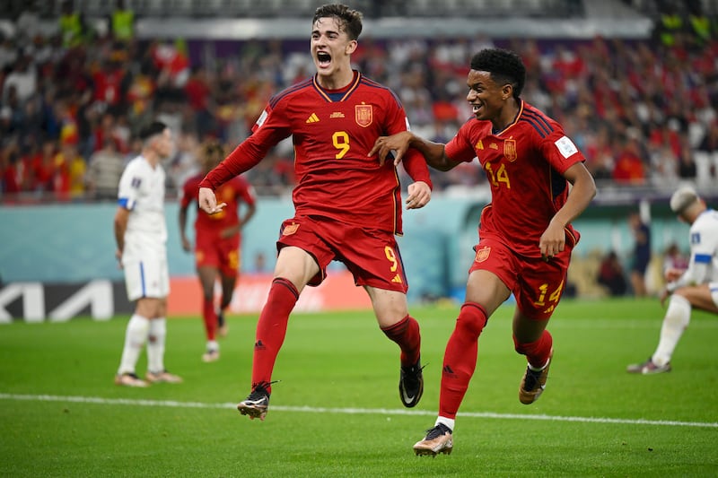 Spain's Gavi celebrates with Alejandro Balde after scoring the fifth goal. Getty 