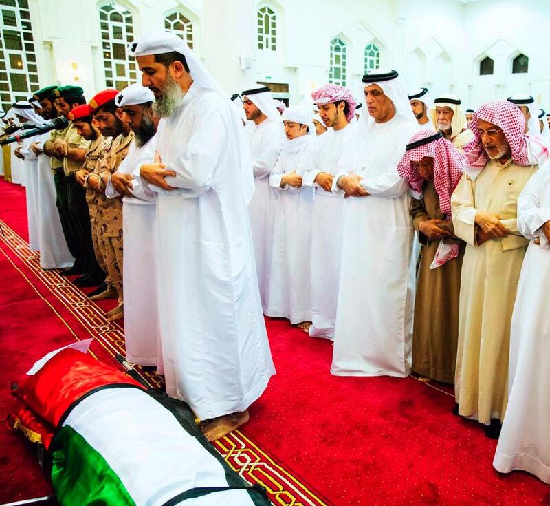 Sheikh Saud bin Saqr Al Qasimi, Ruler of Ras Al Khaimah, leads prayers over the body of Ahmed Abdulrahman Al Tunaiji at Sheikh Zayed Mosque in RAK. Wam
