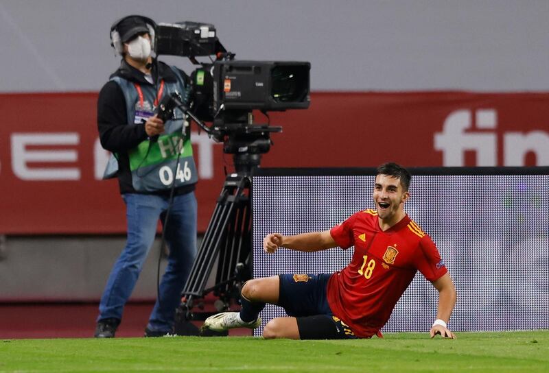 Spain's Ferran Torres celebrates scoring their fifth goal. Reuters