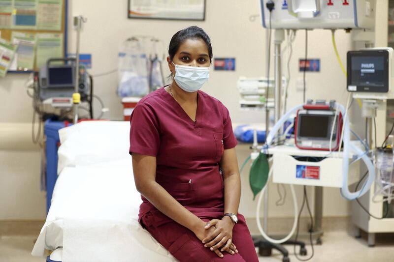 Sharjah, United Arab Emirates - Reporter: N/A. News. Health. Photo Project. Nurse Renu Venugopal at Al Zahra Hospital, Sharjah. Photo project on hospital staff that Covid-19, recovered and carried on treating patiences. Monday, July 20th, 2020. Sharjah. Chris Whiteoak / The National