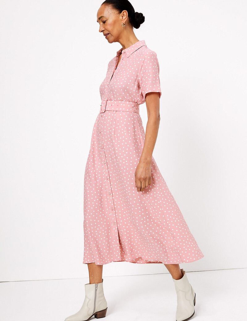 Polka dots always feel light and summery, so this belted midi dress is a must. Dh295, Marks & Spencer