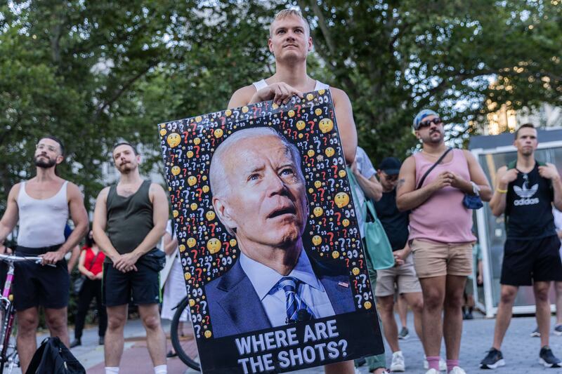 People protest during a rally calling for more government action to combat the spread of monkeypox at Foley Square in New York City. AFP