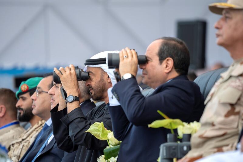 BERENICE, EGYPT - January 15, 2020: HH Sheikh Mohamed bin Zayed Al Nahyan, Crown Prince of Abu Dhabi and Deputy Supreme Commander of the UAE Armed Forces (3rd R) and HE Abdel Fattah El Sisi, President of Egypt (2nd R), attend the opening ceremony of Berenice Military Base.

( Hamad Al Kaabi /  Ministry of Presidential Affairs )
—