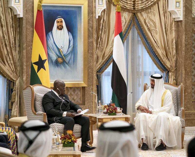 Sheikh Mohamed bin Zayed, Crown Prince of Abu Dhabi and Deputy Supreme Commander of the UAE Armed Forces, meets President Nana Akufo-Addo of Ghana at Qasr Al Watan on Monday. Courtesy Ministry of Presidential Affairs
