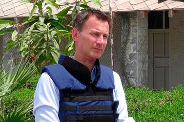 British Foreign Secretary Jeremy Hunt is pictured during a meeting with his Yemeni counterpart in government-held Aden on March 3, 2019. Hunt's visit to Aden comes a day after he met with Yemen's embattled president Abedrabbo Mansour Hadi in Saudi Arabia, where he has lived in self-imposed exile since 2015. / AFP / Nabil HASAN