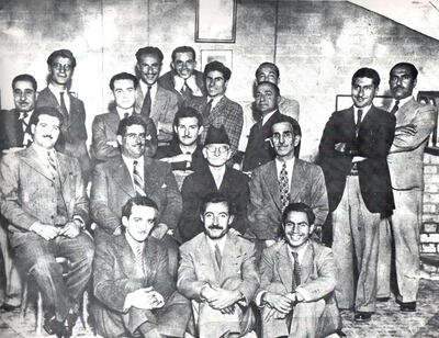 An image from 1941 of the Friends of the Art Society, with Jewad Selim seated on the floor, left. Makiya Archive