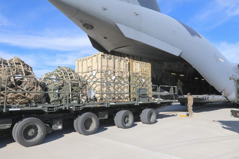 Military supplies are loaded on to the C-17 Globemaster III aircraft