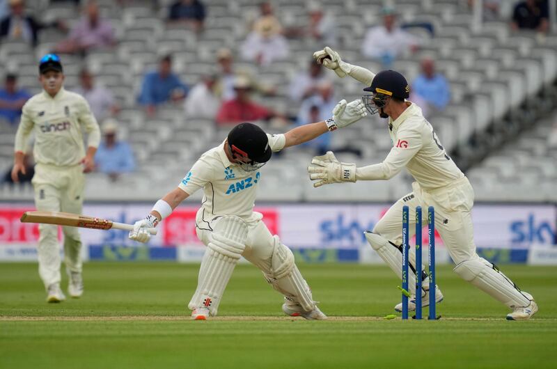 New Zealand's Henry Nicholls holds his ground as England's James Bracey appeals. AP