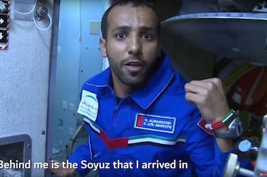 A video of astronaut Hazza Al Mansouri's arrival aboard the ISS was greeted with cheers at the One Young World Summit. Courtesy Mohammed bin Rashid Space Centre
