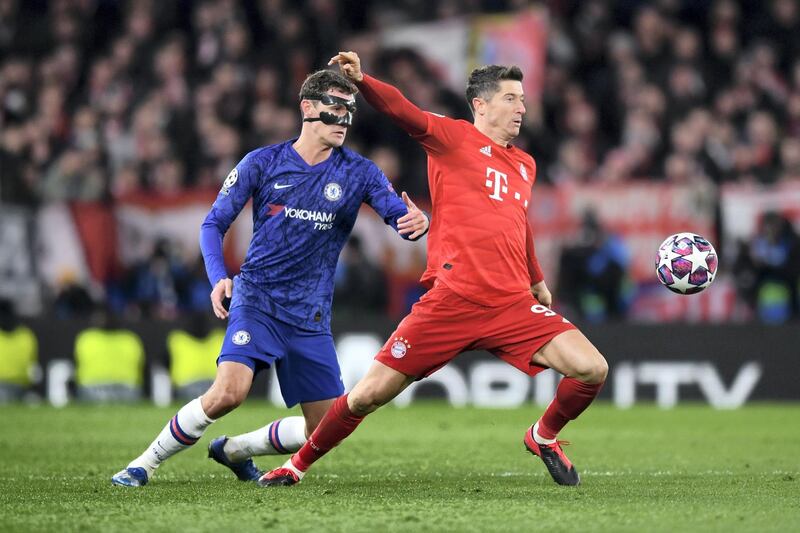 LONDON, ENGLAND - FEBRUARY 25: Robert Lewandowski of Bayern Munich is closed down by Andreas Christensen of Chelsea  during the UEFA Champions League round of 16 first leg match between Chelsea FC and FC Bayern Muenchen at Stamford Bridge on February 25, 2020 in London, United Kingdom. (Photo by Shaun Botterill/Getty Images)