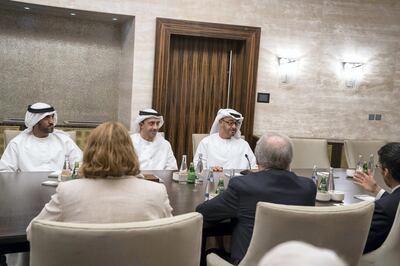 ABU DHABI, UNITED ARAB EMIRATES - December 09, 2017: HH Sheikh Mohamed bin Zayed Al Nahyan, Crown Prince of Abu Dhabi and Deputy Supreme Commander of the UAE Armed Forces (3rd L), meets with members of The Washington Institute for Near East Policy, at Al Shati Palace. Seen with HE Mohamed Mubarak Al Mazrouei, Undersecretary of the Crown Prince Court of Abu Dhabi (L) and HH Sheikh Abdullah bin Zayed Al Nahyan, UAE Minister of Foreign Affairs and International Cooperation (2nd L).

( Mohamed Al Hammadi / Crown Prince Court - Abu Dhabi )
---