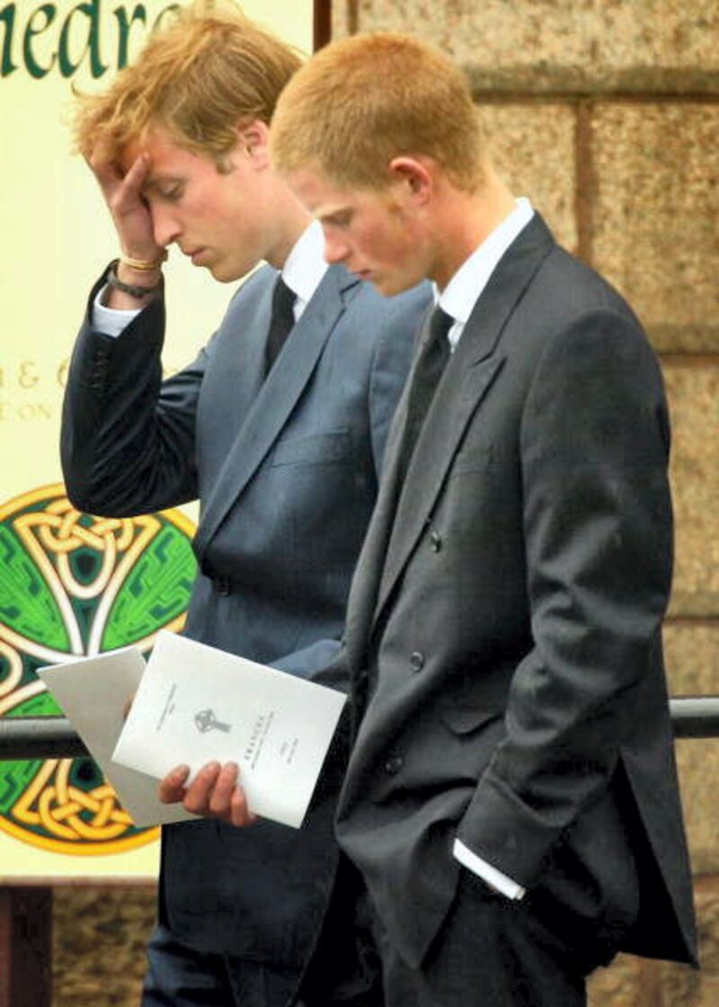 OBAN, SCOTLAND - JUNE 10:   Prince William (L) and Prince Harry follow the coffin of their grandmother and  Princess Diana's mother, Frances Shand Kydd at the Cathedral of Saint Columba on June 10, 2004 in Oban, Argyll & Bute, Scotland. Mrs Shand Kydd died last Thursday, June 3, at her home on the remote Isle of Seil, aged 68, after a long illness.  (Photo by Christopher Furlong/Getty Images)   