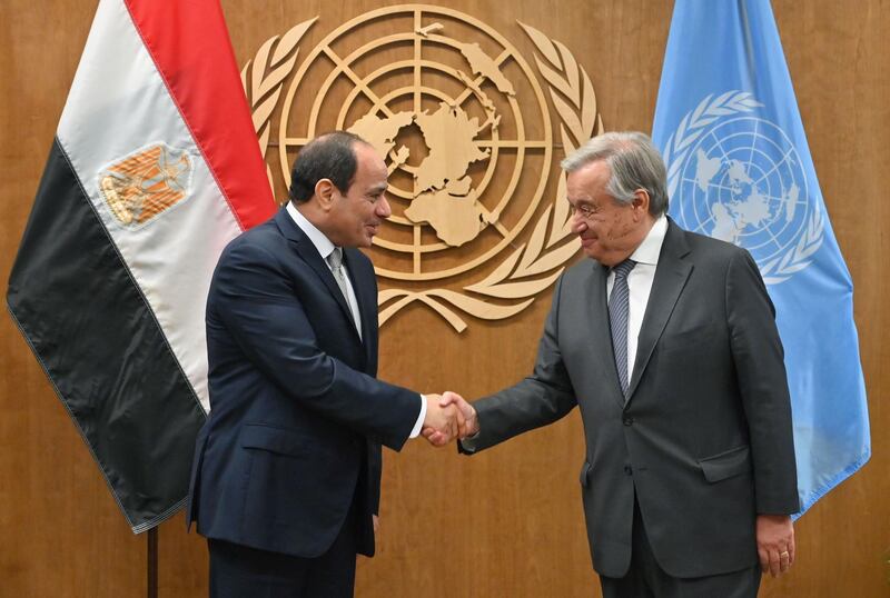 Egyptian President Abdel Fattah el-Sisi meets with United Nations Secretary-General Antonio Guterres at the United Nations in New York.  AFP