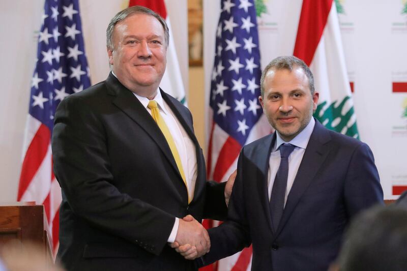 U.S. Secretary of State Mike Pompeo shakes hands with Lebanese Foreign Minister Gebran Bassil after a public statement in Beirut, Lebanon, Friday, March 22, 2019. (Jim Young/Pool Image via AP)