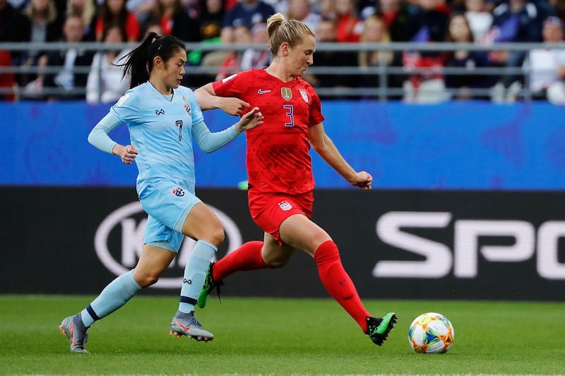 United States' midfielder Sam Mewis, right, vies for the ball with Thailand midfielder Silawan Intamee. AFP