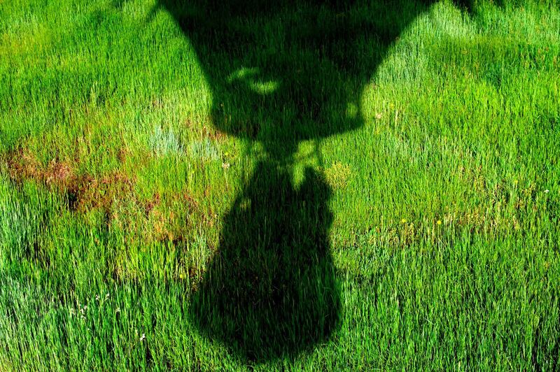 The shadow of the hot air balloon Colorado High is cast down on the the fields below during the annual Steamboat Springs Hot Air Balloon Festival in the US. AFP