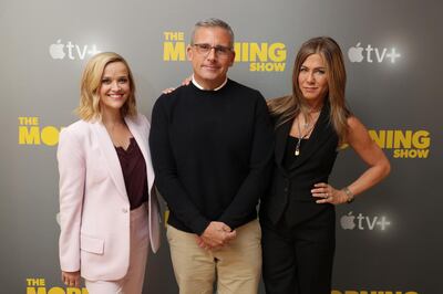 EXCLUSIVE - Reese Witherspoon, Steve Carell and Jennifer Aniston at AppleÕs press day for ÒThe Morning ShowÓ a new drama premiering on Apple TV+, the first all-original video subscription service, launching November 1 on the Apple TV app.
