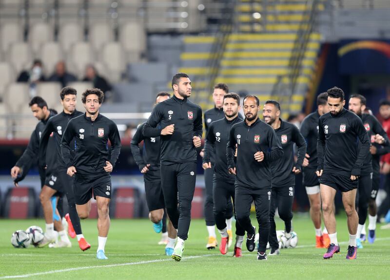 Al Ahly train ahead of the game against Monterrey in the Fifa Club World Cup UAE 2021 at Al Nahyan Stadium in Abu Dhabi. 