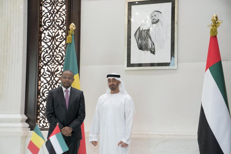 ABU DHABI, UNITED ARAB EMIRATES - May 20, 2019: HH Sheikh Mohamed bin Zayed Al Nahyan, Crown Prince of Abu Dhabi and Deputy Supreme Commander of the UAE Armed Forces (R), stands for a photograph with HE Boubou Cisse, Prime Minister of Mali (L), at Al Bateen Palace.

( Eissa Al Hammadi for the Ministry of Presidential Affairs )
---