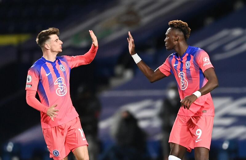 Chelsea's Tammy Abraham celebrates scoring their third goal with Mason Mount against West Brom on Saturday. Reuters