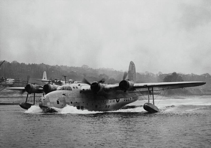 The British Overseas Airways Corporation (BOAC) Short Sandringham passenger flying boat a demilitarized conversions of the Short Sunderland military flying boat taxing for its maiden flight from the Short Brothers facility on 28 November 1945 at Rochester, United Kingdom.  (Photo by Harry Shepherd/Fox Photos/Hulton Archive/Getty Images).