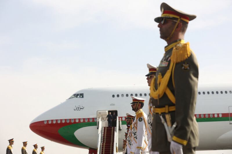 Iranian army soldiers stand guard as Oman's Sultan Haitham bin Tariq arrives at Mehrabad Airport in Tehran, Iran. Reuters