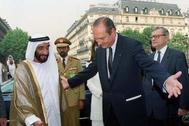 Jacques Chirac with Sheikh Zayed at Paris City Hall on September 10, 1991. AFP
