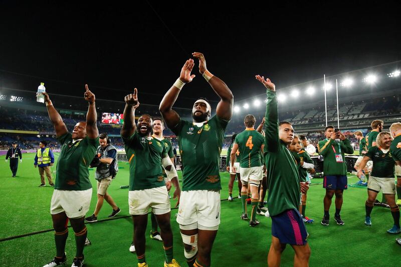 South Africa's players celebrate winning the Japan 2019 Rugby World Cup semi-final match between Wales and South Africa at the International Stadium Yokohama in Yokohama.  AFP