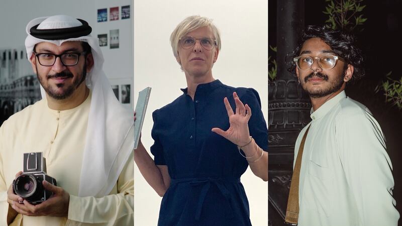 From left to right, artists Ammar Al Attar, Jill Magi and Mohammed Khalid have been selected for Warehouse421's Artistic Development Exhibition Programme. Photo: Warehouse421